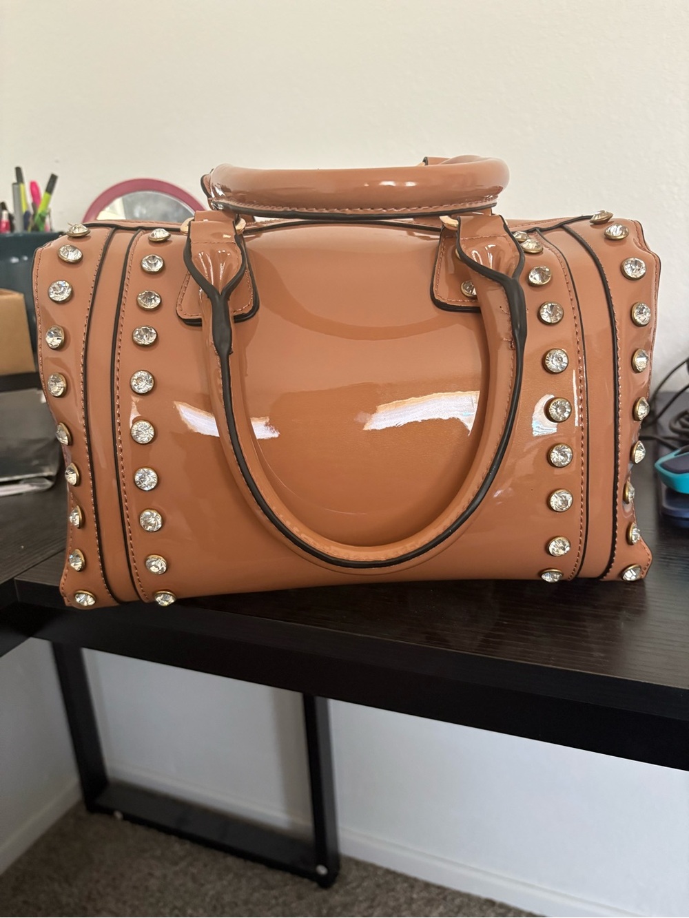 Patent Studded Satchel Handbag in Tan